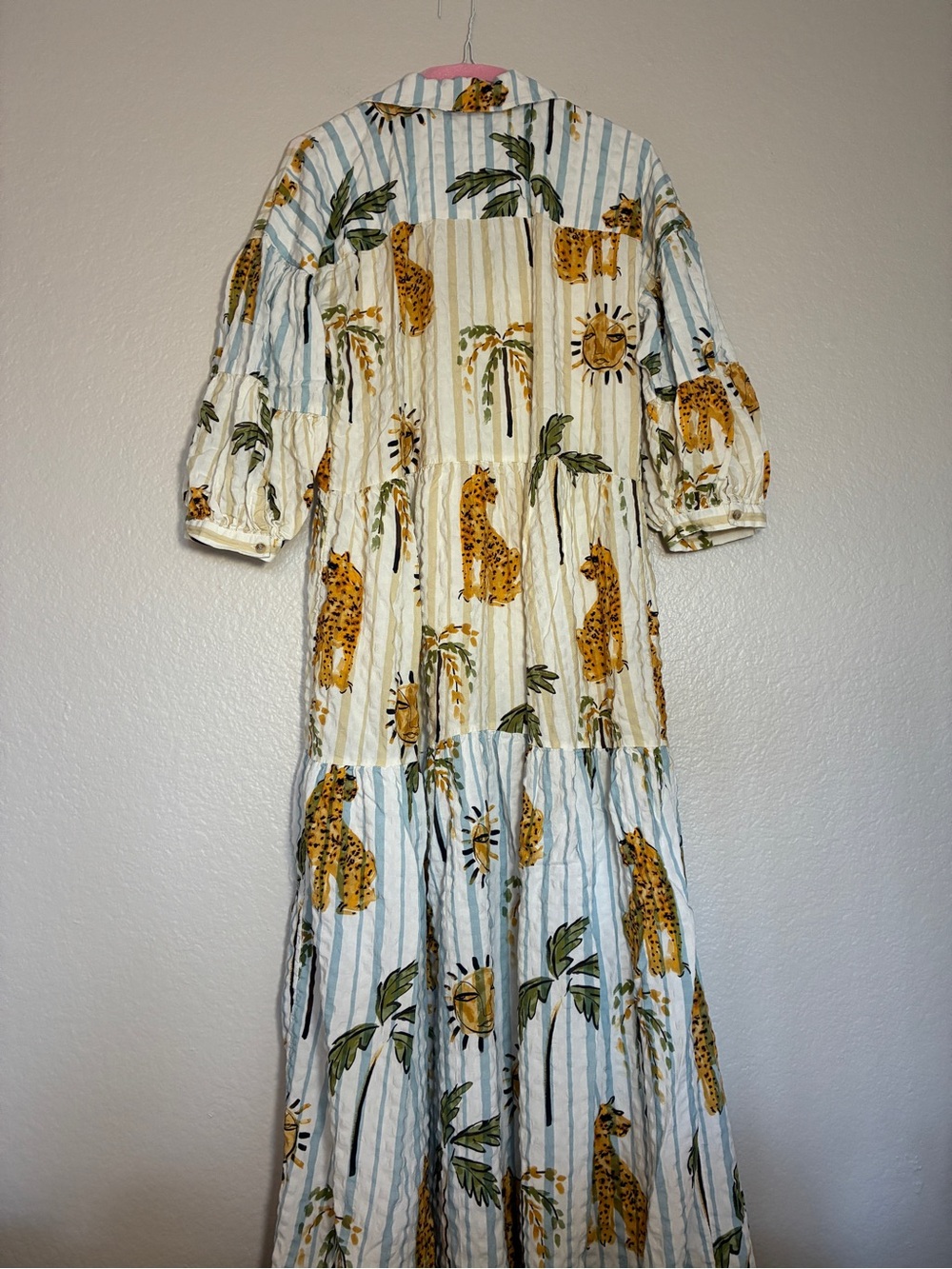 Anthropologie Cream and Blue Striped Maxi Dress with Leopard Print Cotton Blend - Picture 6 of 11